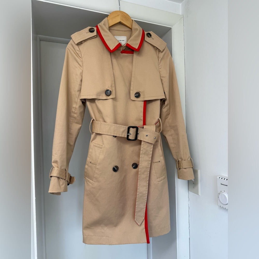 COURT & ROWE Beige Trench Coat with Red Trim
